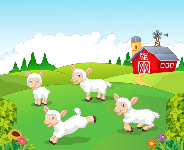 Collection de moutons de dessin animé mignon situé avec fond de ferme