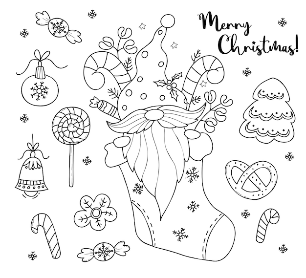 Collection de Noël Gnome scandinave en chaussette de Noël avec pain d'épice au caramel Doodle linéaire