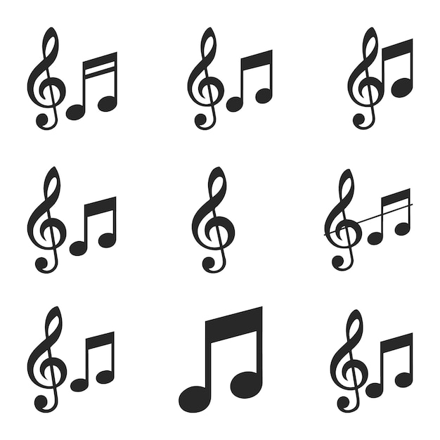 une collection de notes de musique et de musique est affichée sur un fond blanc