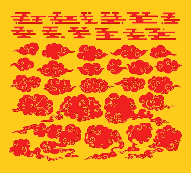 Collection De Nuages Rouges à La Chinoise. Ensemble De Nuages Dessinés à La Main Avec Vecteur De Motif Japonais.