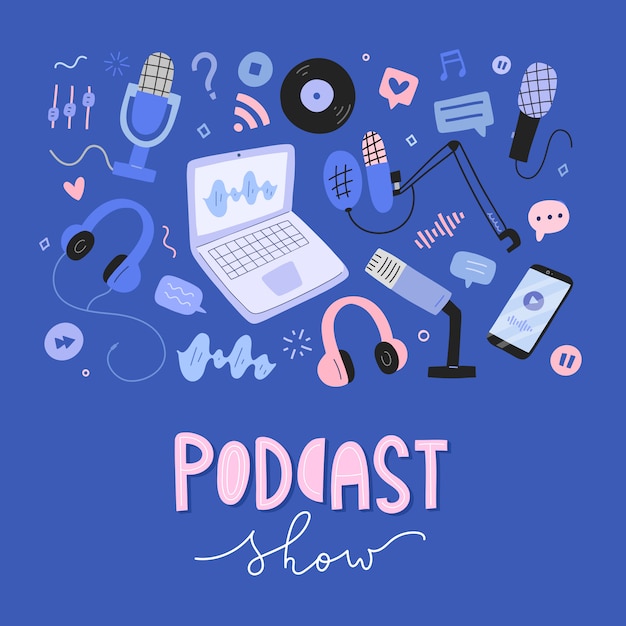 Collection d'objets Podcast, outils et équipements pour la diffusion, illustrations dessinées à la main