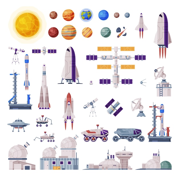 Collection d'objets spatiaux Rocket Shuttle Rover Observatoire de satellites artificiels Port spatial Illustration vectorielle du concept de l'industrie spatiale