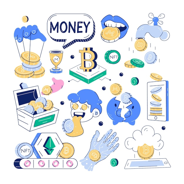 une collection d'objets, y compris de l'argent et d'autres choses