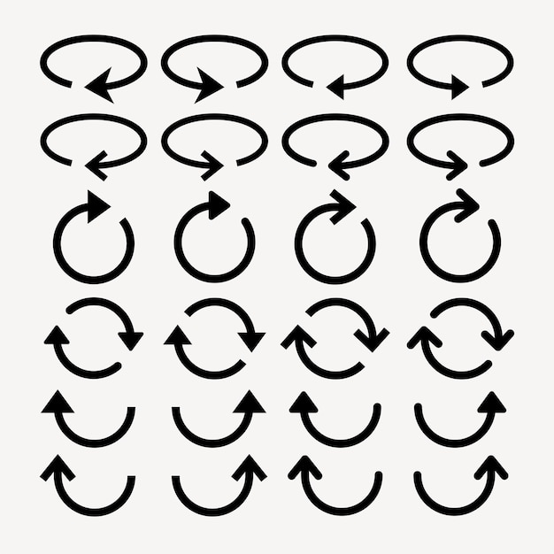 Collection of 20 black arrow icons in various circular patterns Arrows show rotation and direction Circular arrow icons in different styles Element vector set