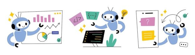 collection of cute ai robot assistant scenes flat cartoon illustrations of artificial intelligence