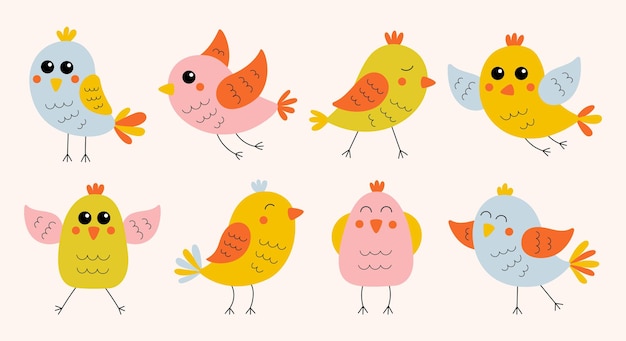 Vecteur collection d'oiseaux mignons colorés dessinés à la main animaux drôles de dessin animé dans un style plat