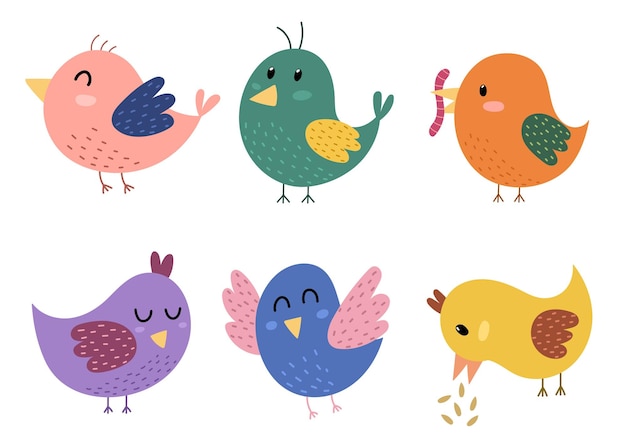 Collection d'oiseaux mignons. Personnages dessinés à la main dans un style dessin animé pour la conception des enfants