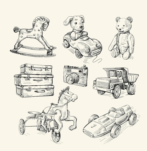 Collection originale de jouets vintage dessinés à la main.