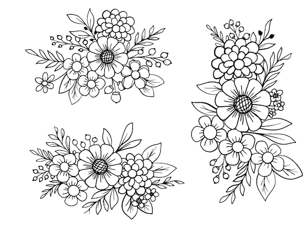 Collection d'ornements d'art en ligne de fleurs et de feuilles de beauté