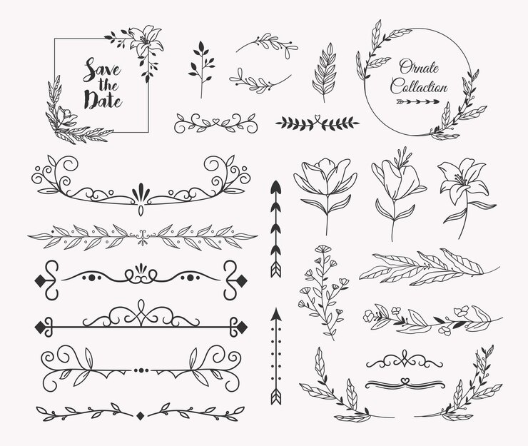Vecteur collection d'ornements de mariage décoratifs dessinés à la main