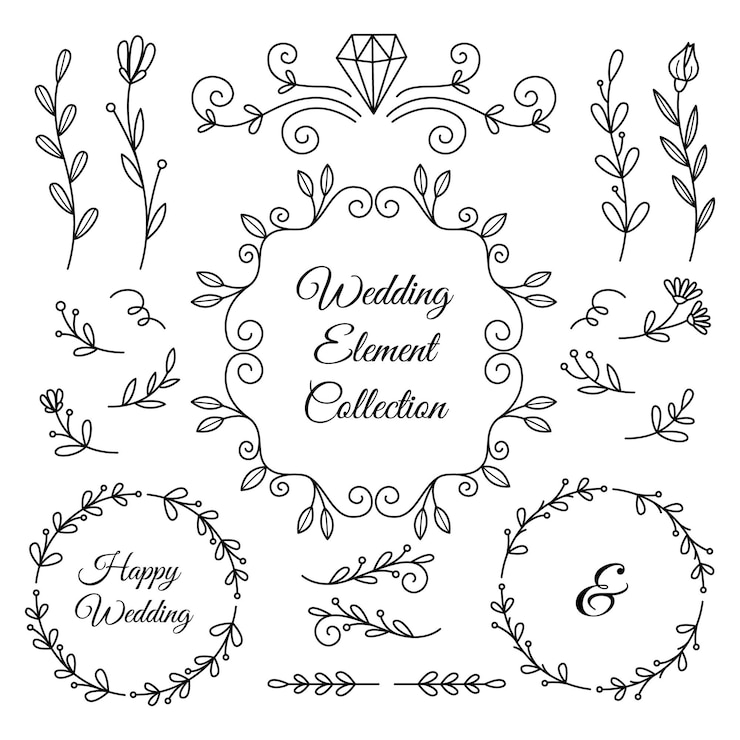 Vecteur collection d'ornements de mariage dessinés à la main design décoratif et floral