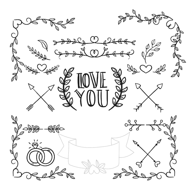 collection d'ornements de mariage dessinés à la main illustration de conception vectorielle