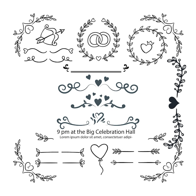 collection d'ornements de mariage dessinés à la main illustration de conception vectorielle