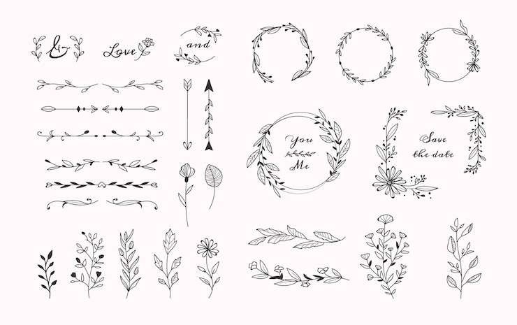 Vecteur collection d'ornements de mariage dessinés à la main