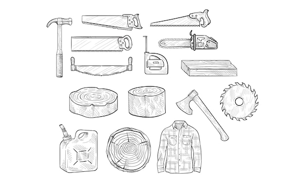 collection d'outils de bûcheron dessinés à la main.