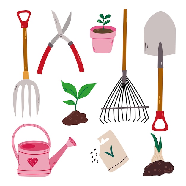 Vecteur collection d'outils et de plantes de jardinage concept de jardinage ou d'horticulture