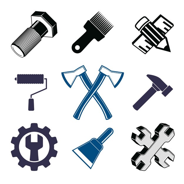 Collection d'outils de travail, instruments de réparation pour la menuiserie et la fabrication. Ensemble d'éléments de haute qualité, à utiliser dans la conception graphique.