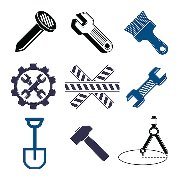Collection d'outils de travail, instruments de réparation vectoriels pour la menuiserie et la fabrication. Ensemble d'éléments de haute qualité, à utiliser dans la conception graphique.