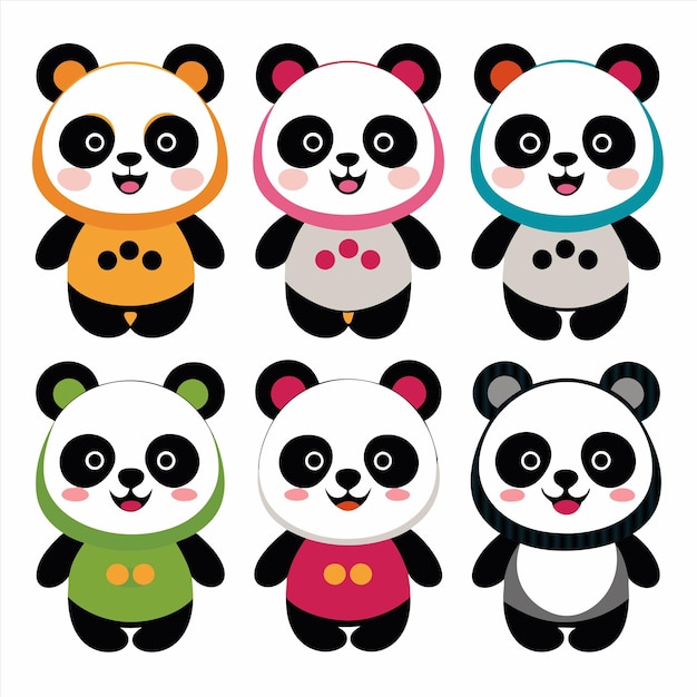 une collection de pandas dont l'un a une bande bleue sur lui