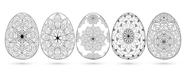 Collection de Pâques dessinée à la main d'oeufs ornementaux avec des motifs de fleurs de mandala laisse un oeuf floral de contour de printemps sur fond blanc illustration vectorielle abstraite pour invitation de carte de voeux