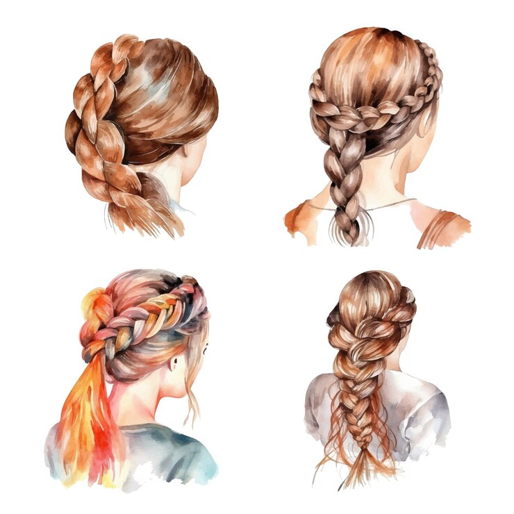 Vecteur collection de peinture aquarelle coiffure femme tresses