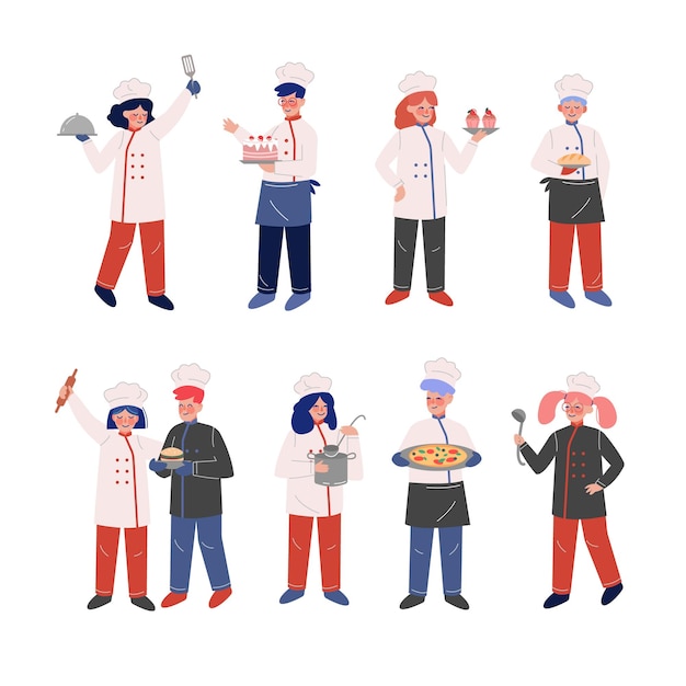 Collection de personnages de chefs professionnels cuisiniers et boulangers portant un uniforme traditionnel travaillant dans