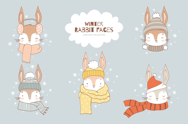 Vecteur collection de personnages de dessin animé mignon lapin visage en bonnet tricoté et écharpe hiver froid