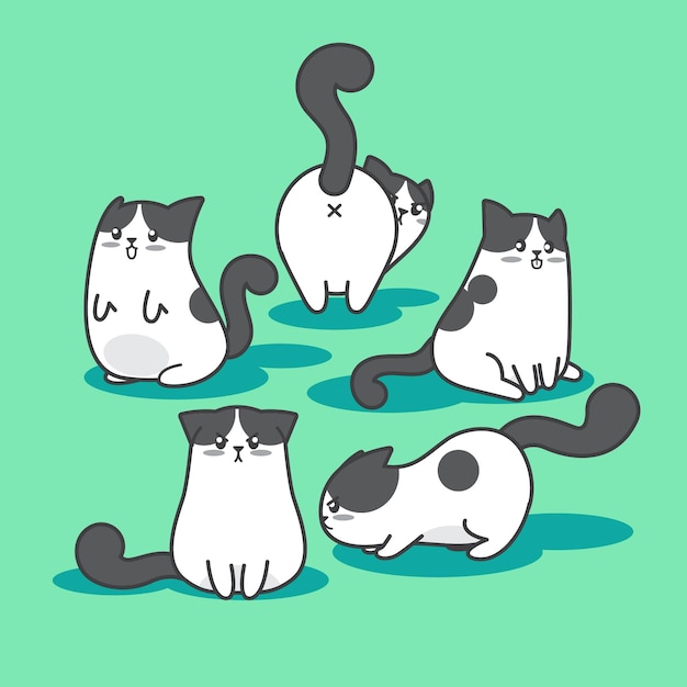 Collection de personnages de dessins animés de chats potelés mignons et playfu dans de multiples actions et expressions faciales