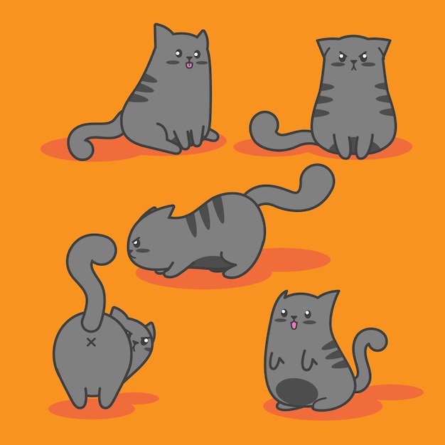 Collection de personnages de dessins animés de chats potelés mignons et playfu dans de multiples actions et expressions faciales