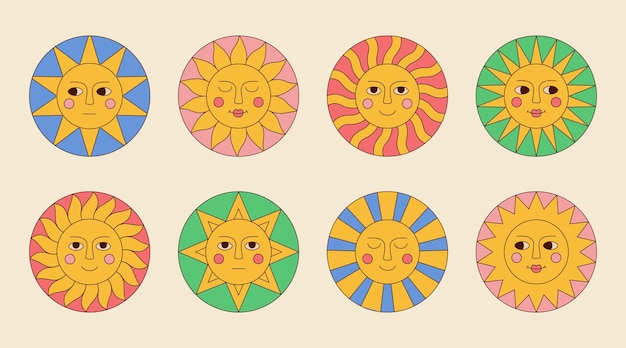 Vecteur collection de personnages de dessins animés de soleil groovy avec des grimaces dans un style trippy rétro