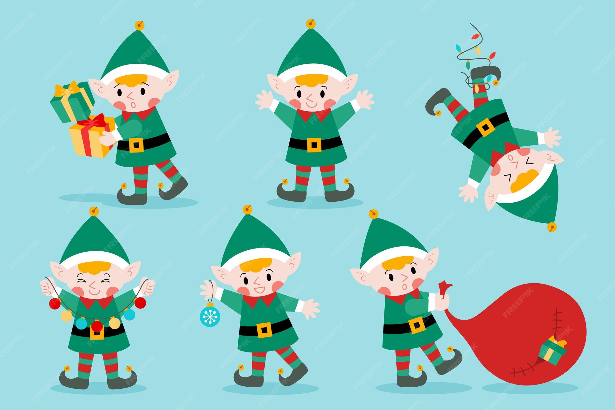 Collection De Personnages D'elfes De Noël Dessinés à La Main. Vecteur