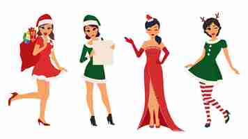 Vecteur collection de personnages féminins isolés - femmes en costumes, chapeaux et bandeau de noël