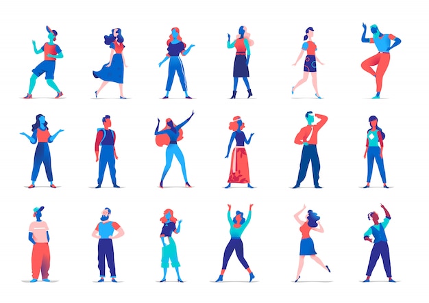 Collection de personnages féminins et masculins dans des poses différentes isolés sur mur blanc