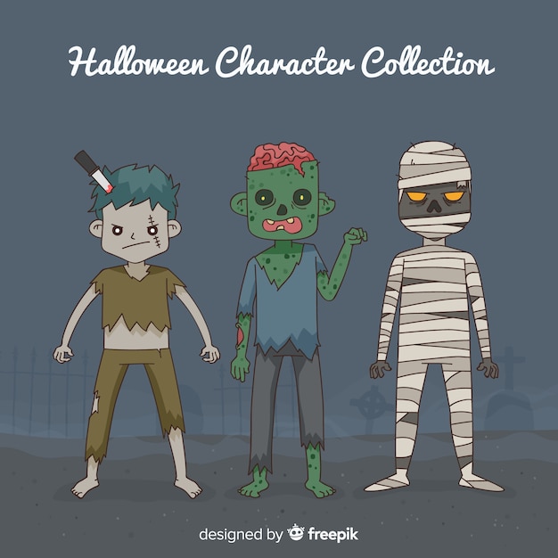 Vecteur collection de personnages halloween effrayants dessinés à la main