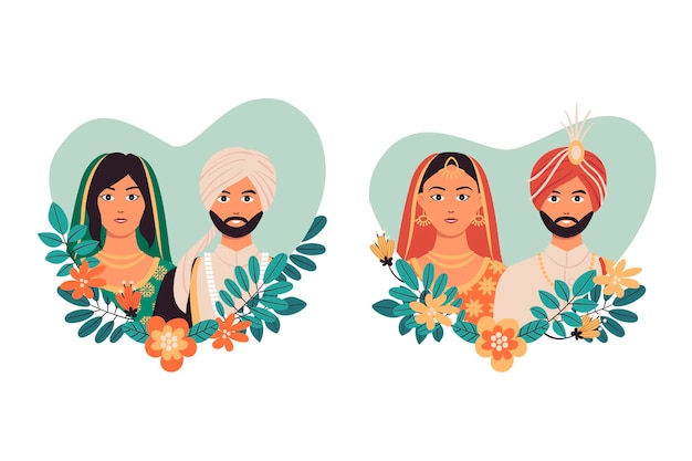 Vecteur collection de personnages de mariage indien