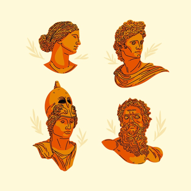 Collection de personnages de mythologie grecque design plat dessinés à la main