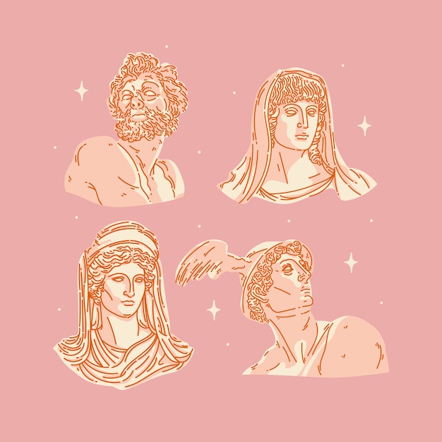 Collection de personnages de mythologie grecque design plat dessinés à la main