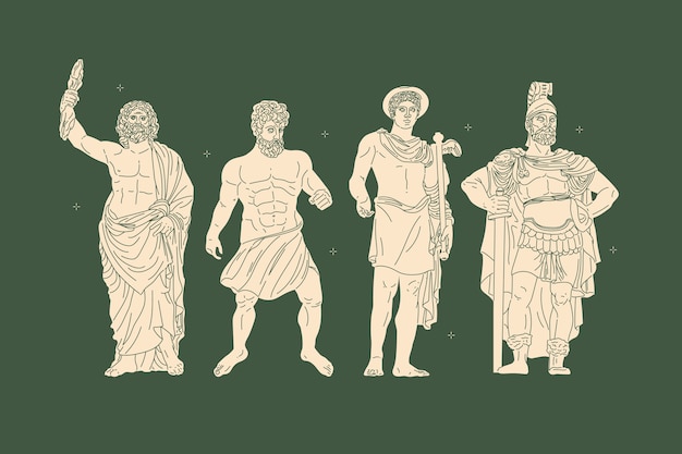Collection de personnages de mythologie grecque design plat dessinés à la main