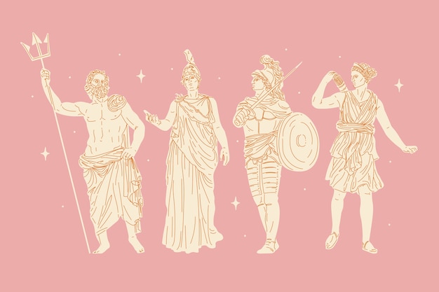 Collection de personnages de mythologie grecque design plat dessinés à la main