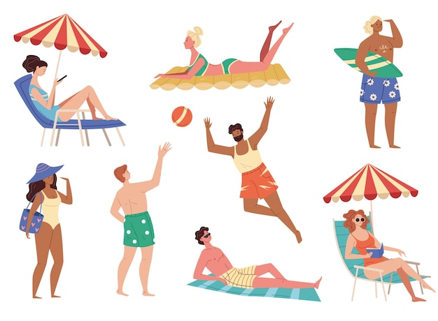 Une collection de personnes sur une plage avec un parasol et un homme en maillot de bain vert.