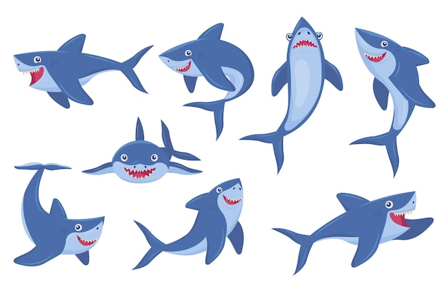 Vecteur collection de photos plates de requin souriant mignon