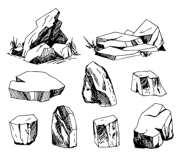 Collection de pierres et de rochers ensemble monochrome vecteur Modèle de gravure d'ardoise de roche naturelle illustrations en noir et blanc dessinées à la main