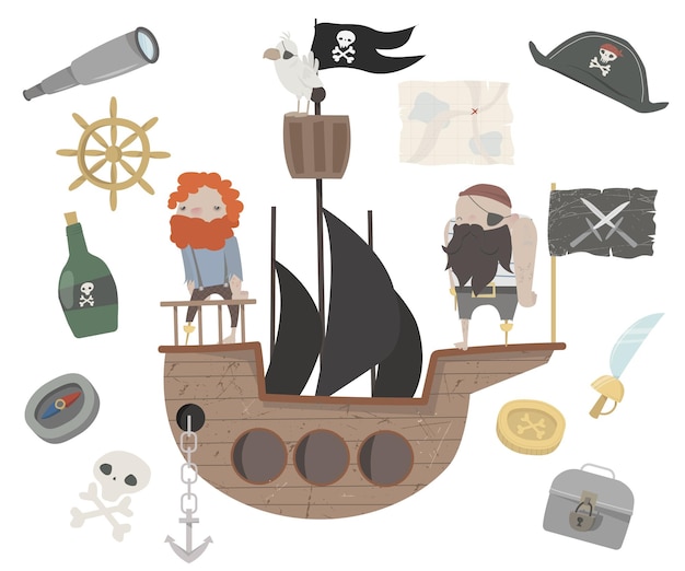 Collection de pirates voile bateau bouteille de rhum crâne drapeau carte boussole vecteur isolé