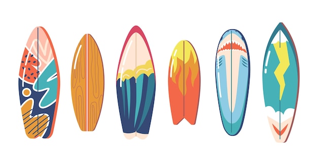 Collection de planches de surf de couleurs et de styles vintage. Bureaux de surf avec feu, vague de mer, requin, flash et motif abstrait isolé sur fond blanc, shortboards professionnels. Illustration vectorielle de dessin animé