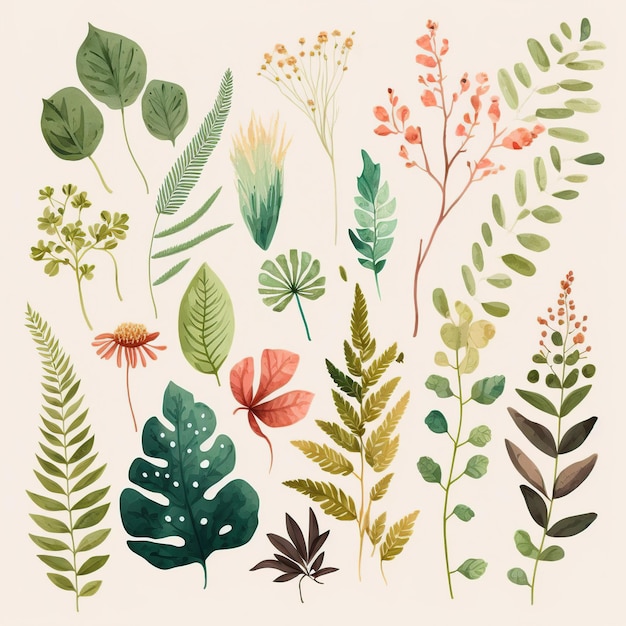 Une Collection De Plantes Et De Feuilles.