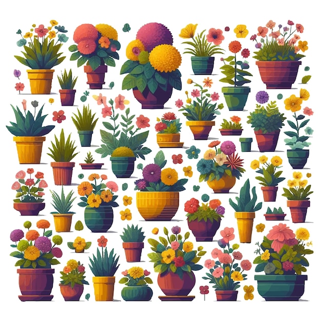 Vecteur une collection de plantes et de fleurs en pot