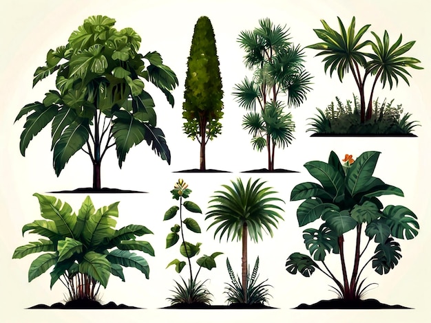 Vecteur une collection de plantes, y compris des plantes et des arbres