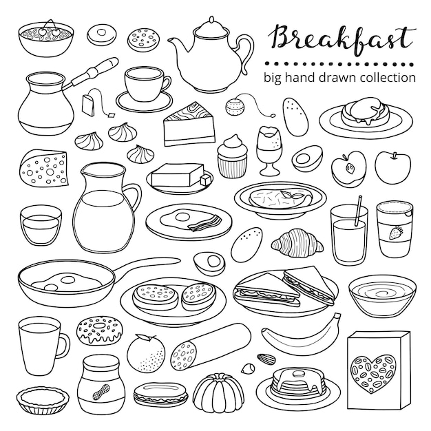 Vecteur collection de plats de petit déjeuner de style buffet dessinés à la main, y compris des œufs, des crêpes, des boissons, des fruits, des sandwichs, des céréales et du yogourt isolés sur un fond blanc