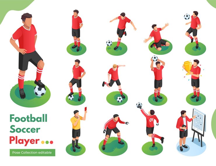 Collection de pose d'illustration isométrique de joueur de football de football