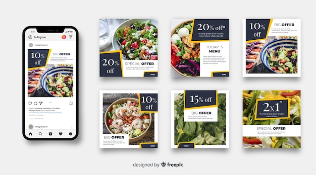 Vecteur collection de post culinaire avec photo instagram